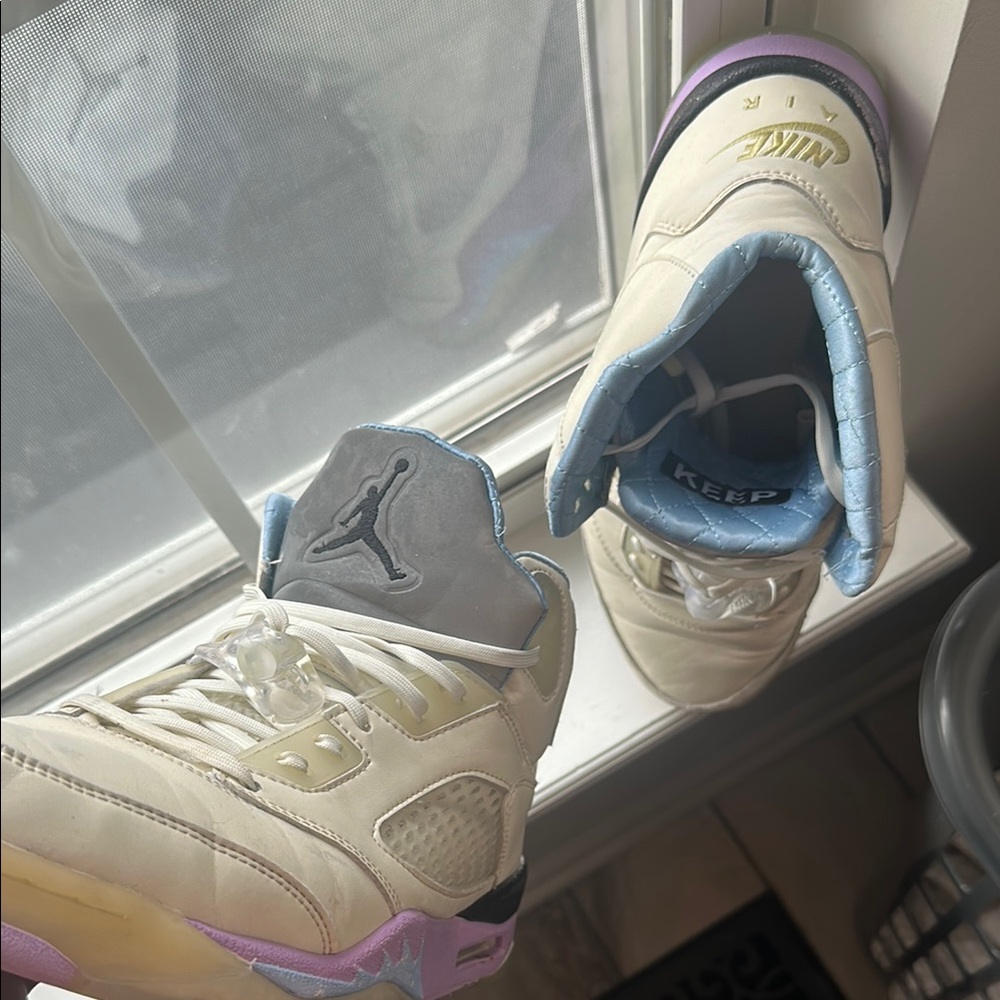 Cream and Blue Nike Shoes